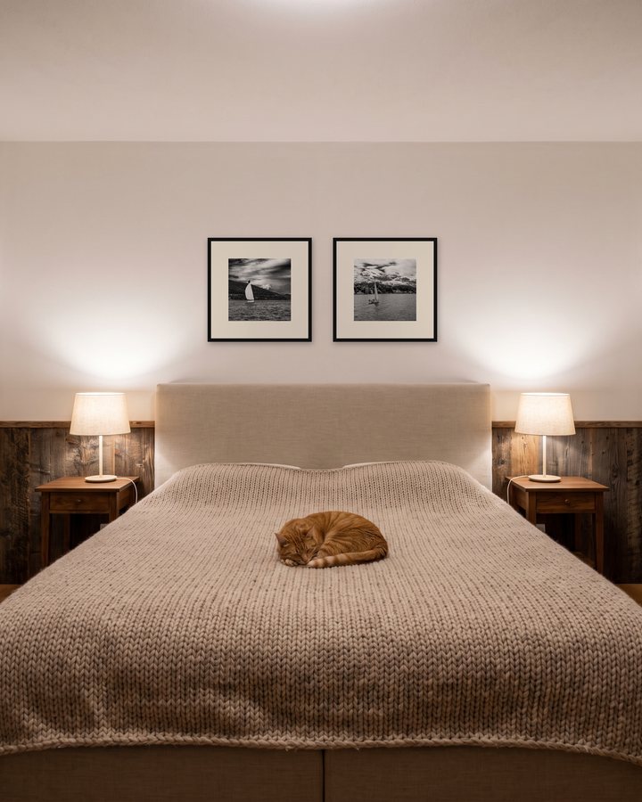 Wohnbeispiel: Schlafzimmer im Chalet, zwei Motive, gerahmte Golden-Velden-Fotografie, Raum digital gestaltet