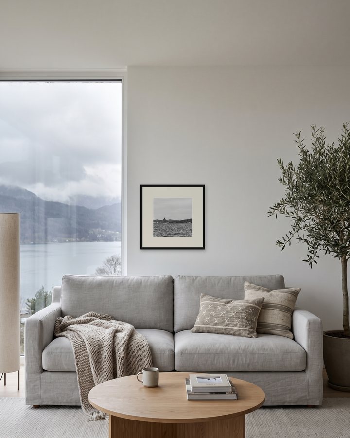 Wohnbeispiel: Wohnzimmer mit Seeblick, gerahmte Golden-Velden-Fotografie, Raum digital gestaltet