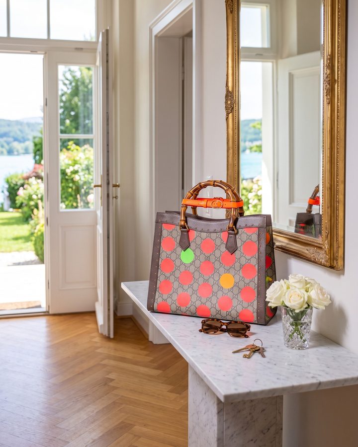 Gucci-Handtasche mit Polka-Dots in einem Eingangsbereich, Raum digital gestaltet