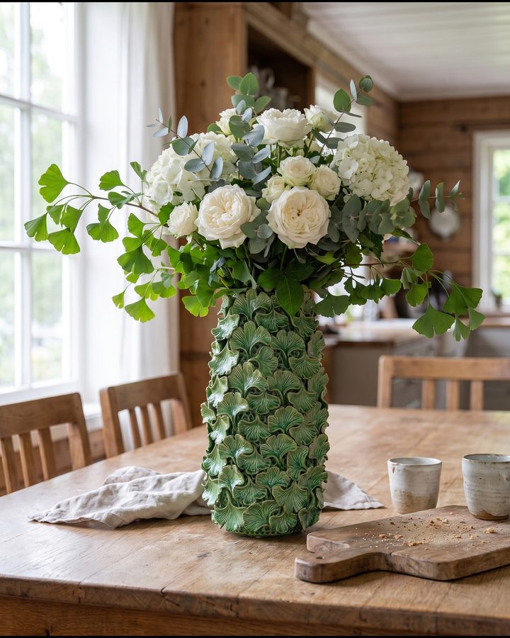 Vase mit Ginkgoblatt-Relief in einem Wohnraum, Raum digital gestaltet